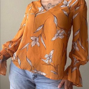Women's Floral Print Long Bell Sleeve V-Neck Blouse - A New Day - Rust - Size XL